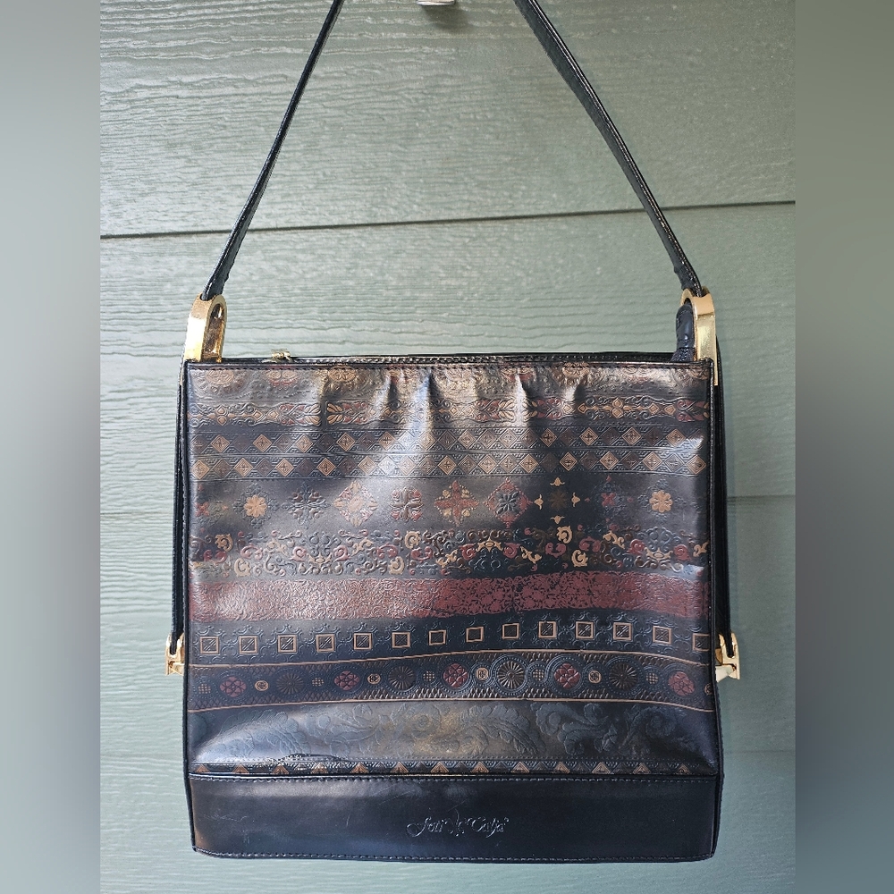 Vera Pelle Foti Calja Black and Gold Patterned Shoulder Bag--Made In Italy